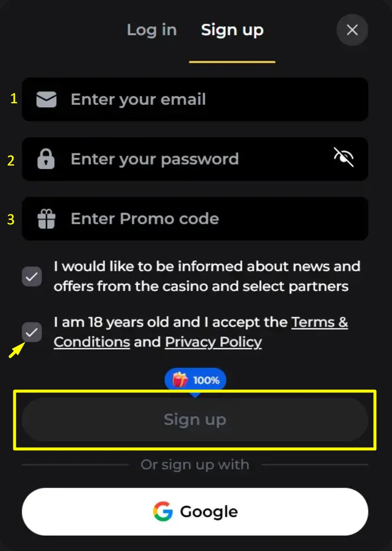 Vipzino Casino registration form showing step-by-step signup process